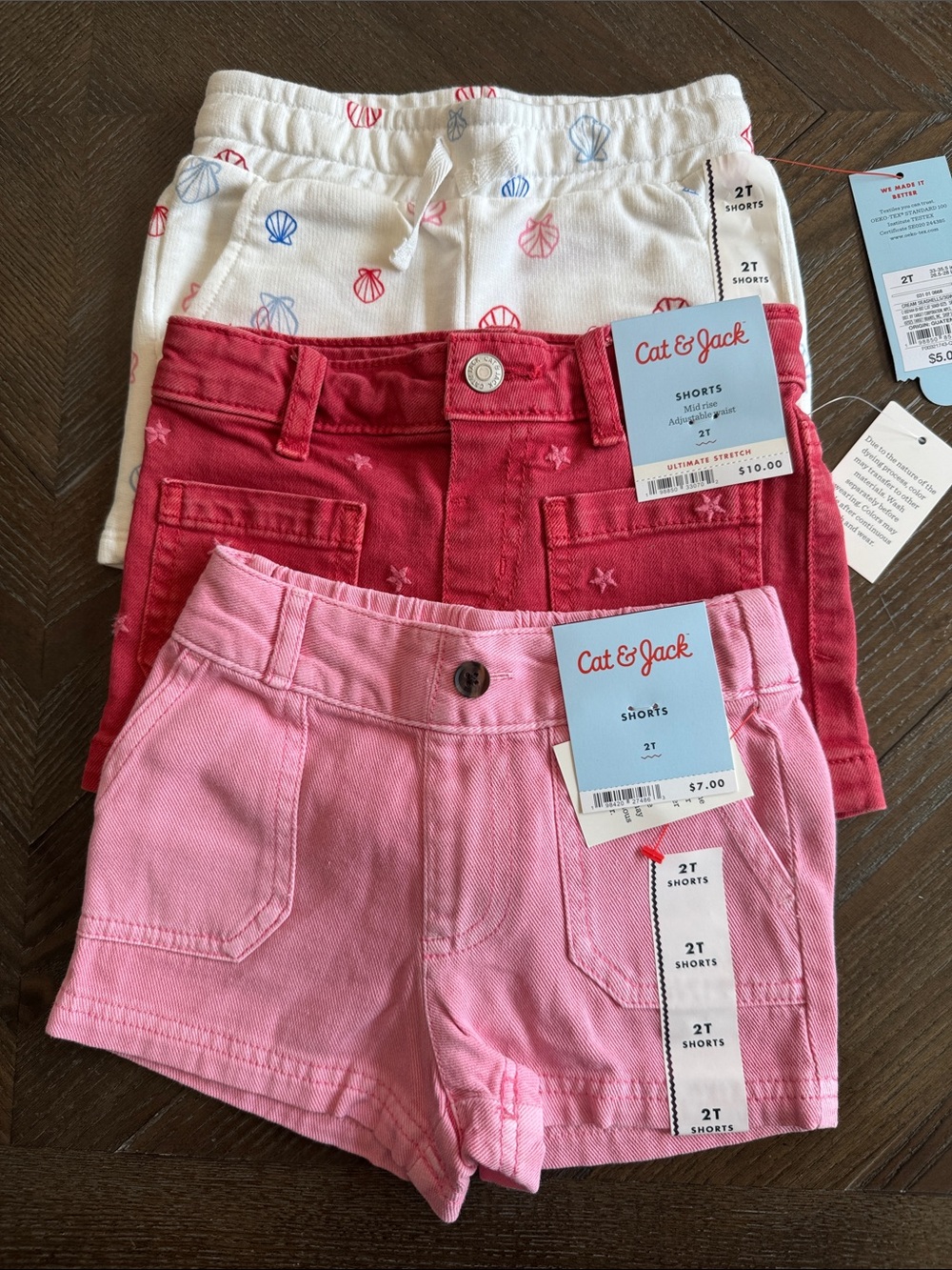 Cat & Jack Toddler Girls 3-Pack Shorts in Seashell, Red Star & Pink 2T New NWT